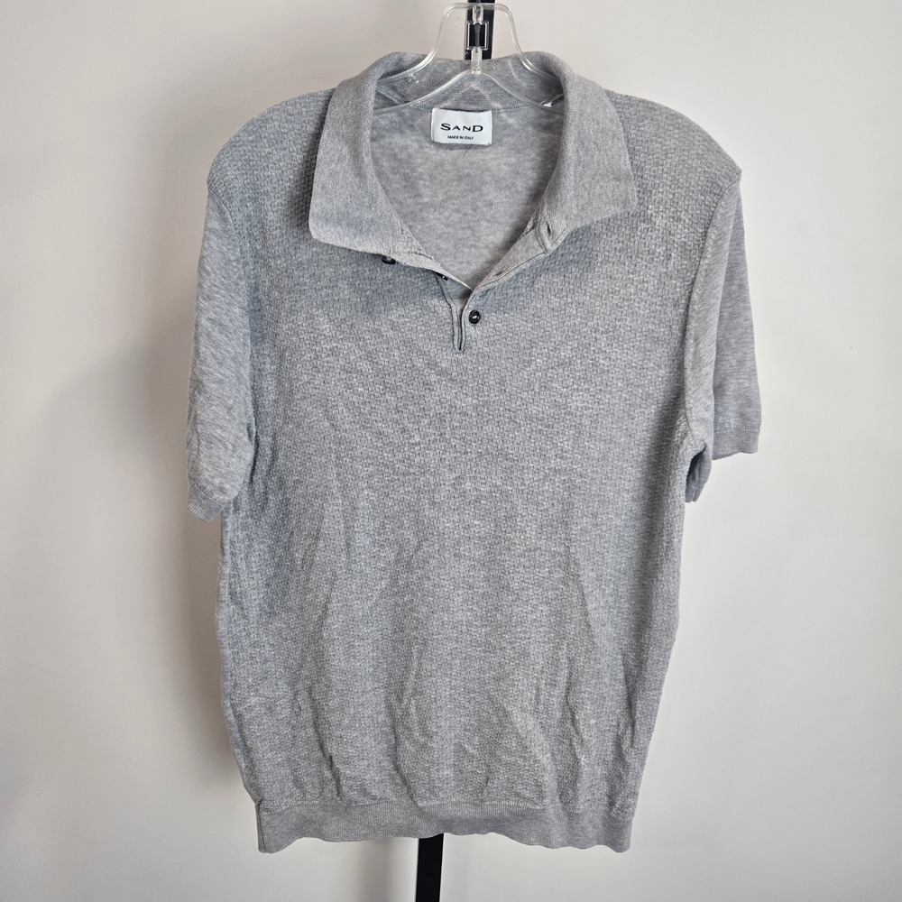 SAND Copenhagen Mens Grey Textured Cotton Knit Polo Shirt Italy Large Preppy